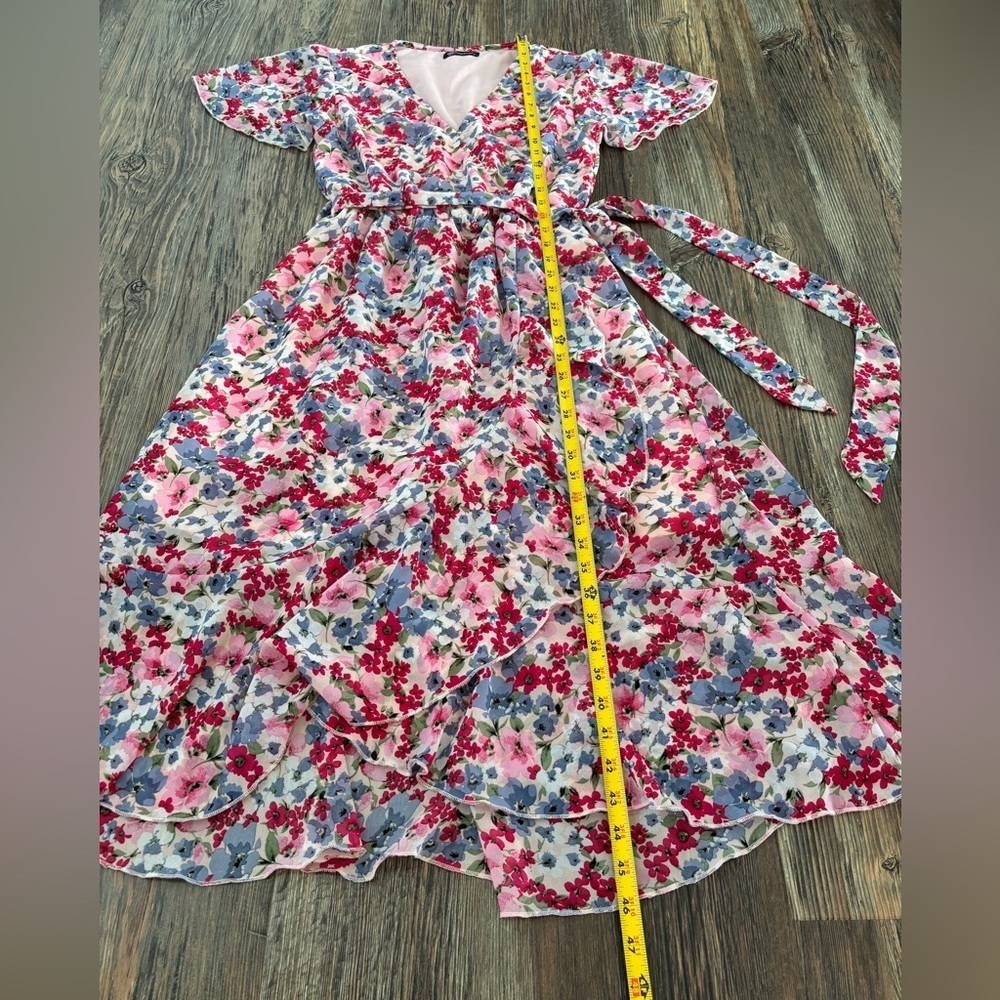 Pretty Garden M Floral Ruffle Hem Wrap Chiffon Belted Dress S/S V-Neck Colorful - Picture 5 of 11